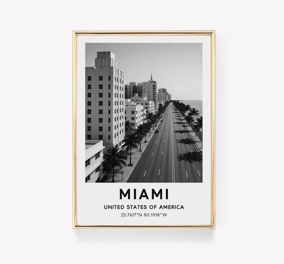 Miami Black and White Ocean Drive Palm Tree Skyline Photo Poster