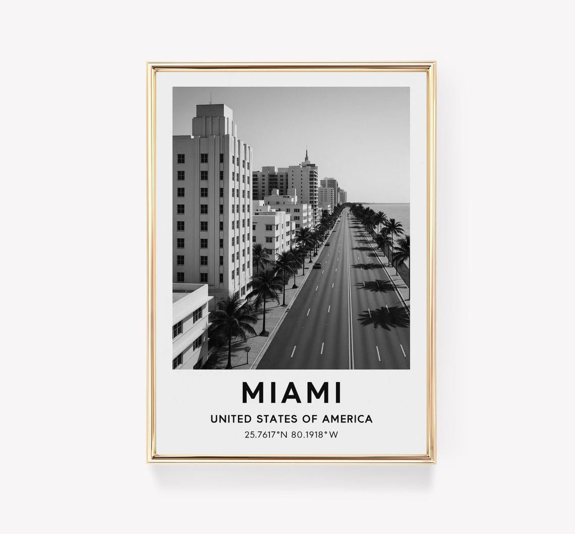 Miami Black and White Ocean Drive Palm Tree Skyline Photo Poster