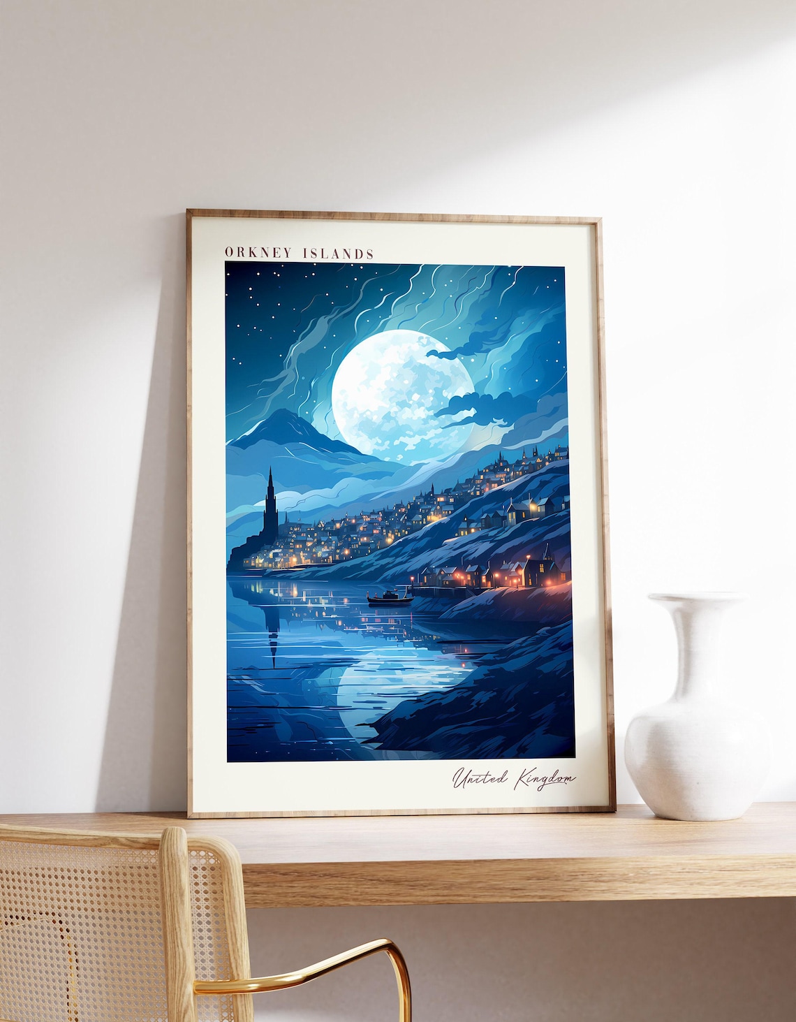 Orkney Islands United Kingdom Moonlit Harbour Night Scene Travel Poster