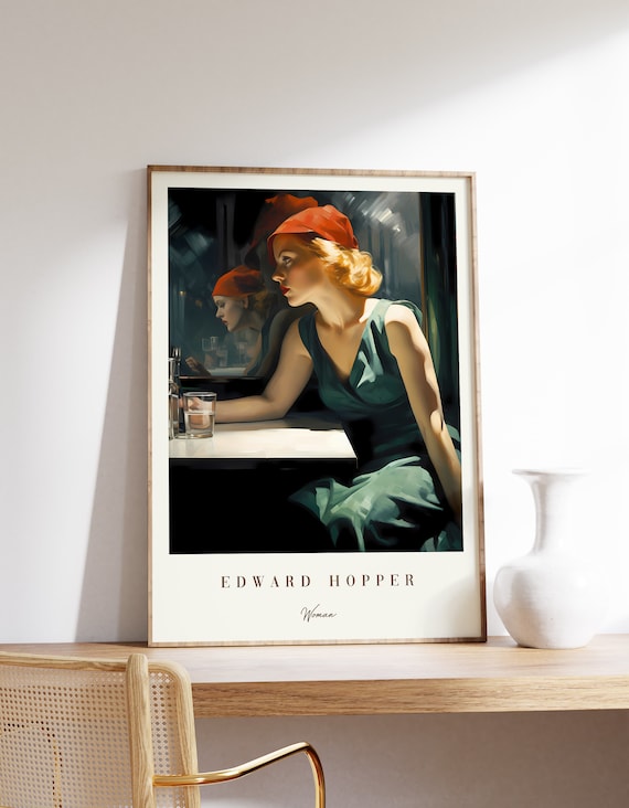 Edward Hopper Woman Red Cap Green Dress Bar Scene Painting Poster