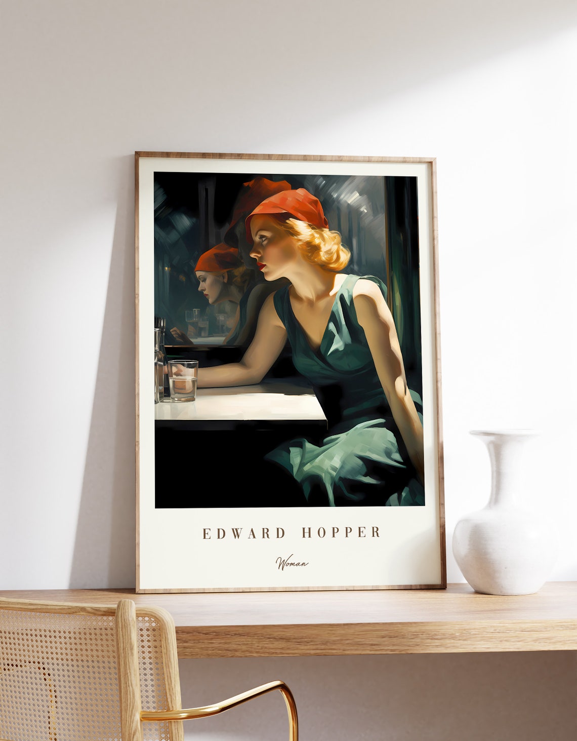Edward Hopper Woman Red Cap Green Dress Bar Scene Painting Poster