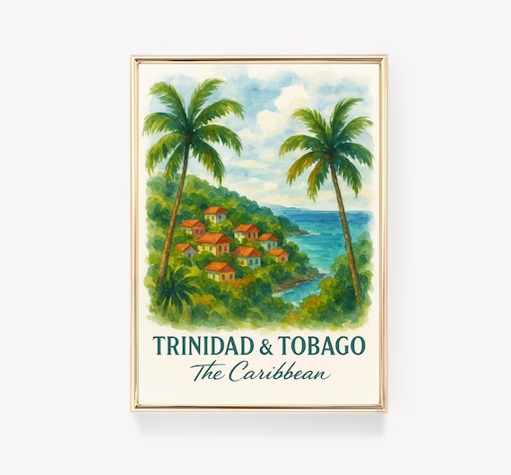 Trinidad and Tobago Caribbean Palms Coastal Village Travel Poster