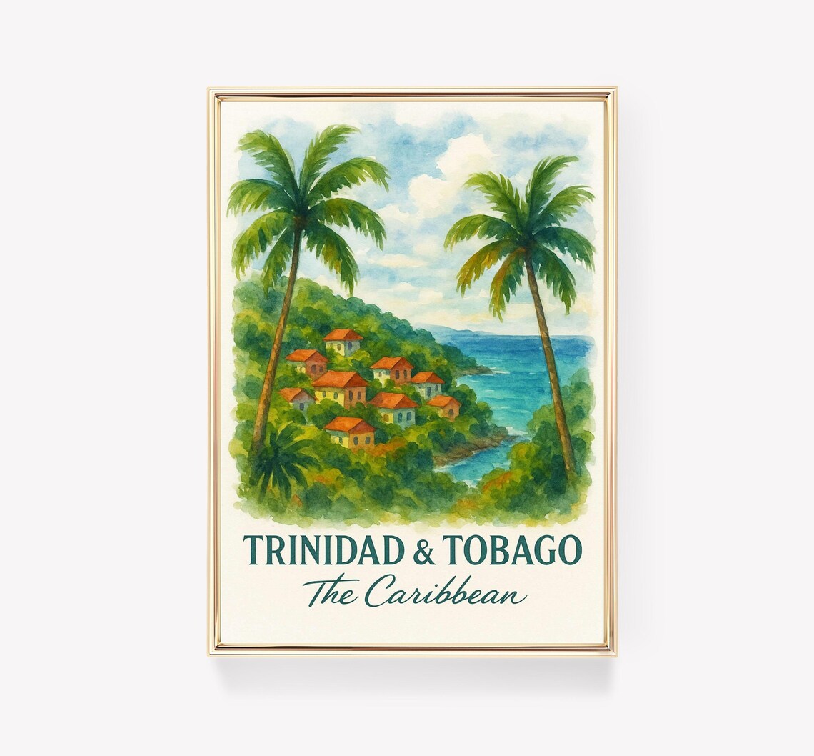 Trinidad and Tobago Caribbean Palms Coastal Village Travel Poster