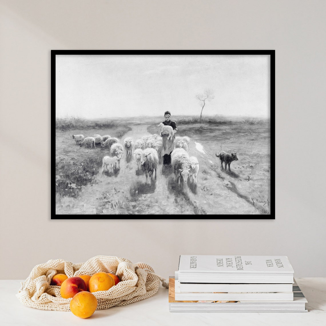 Shepherdess Lamb Sheep Flock Vintage Pastoral Monochrome Poster