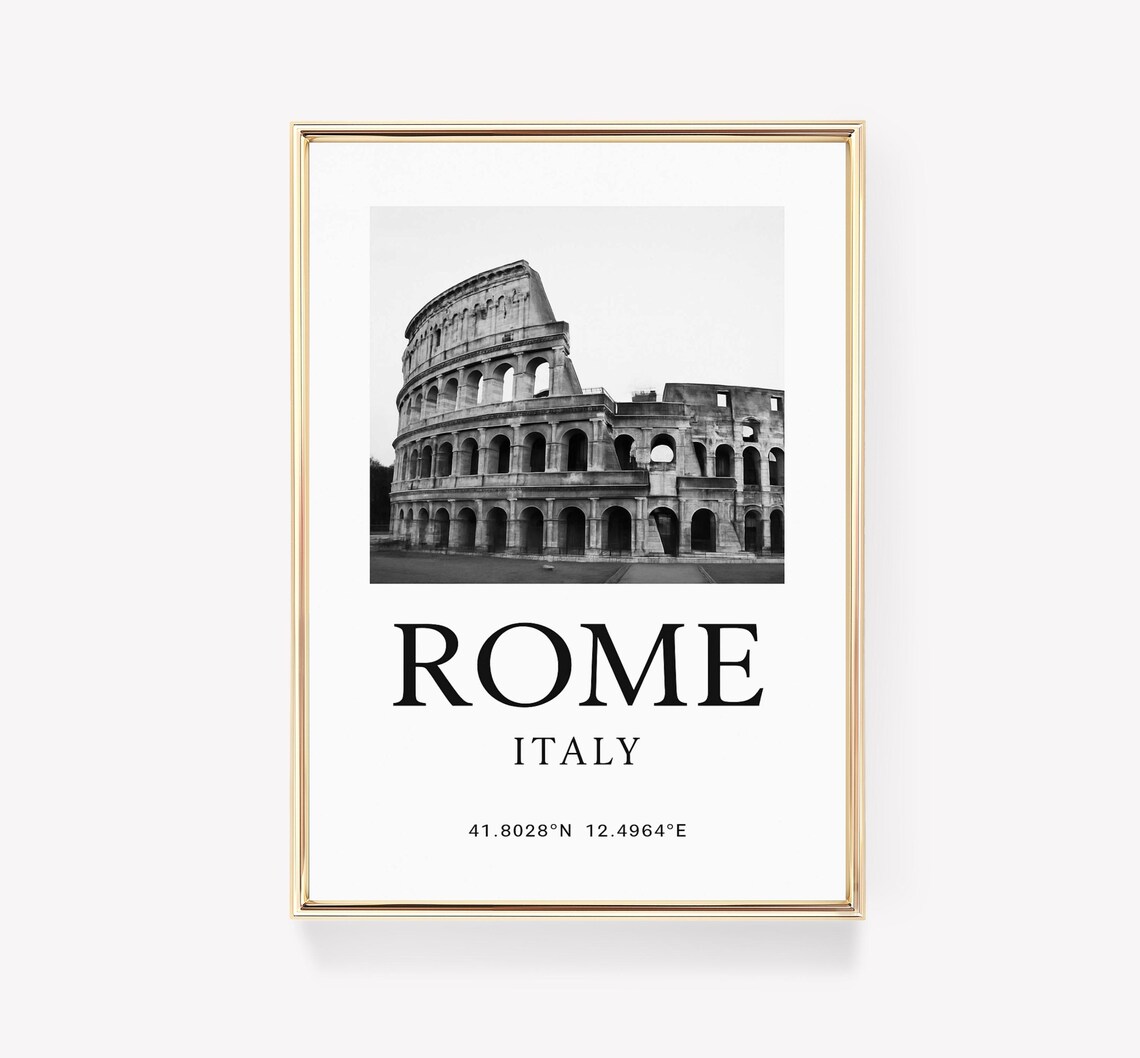 Rome Italy Black and White Colosseum Photo Coordinates Travel Poster
