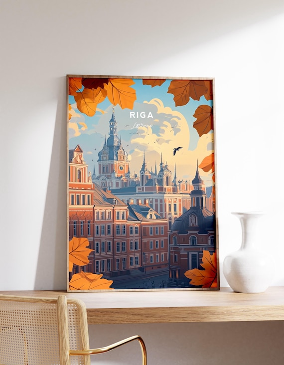 Riga Latvia Old Town Skyline Framed by Golden Autumn Leaves Poster