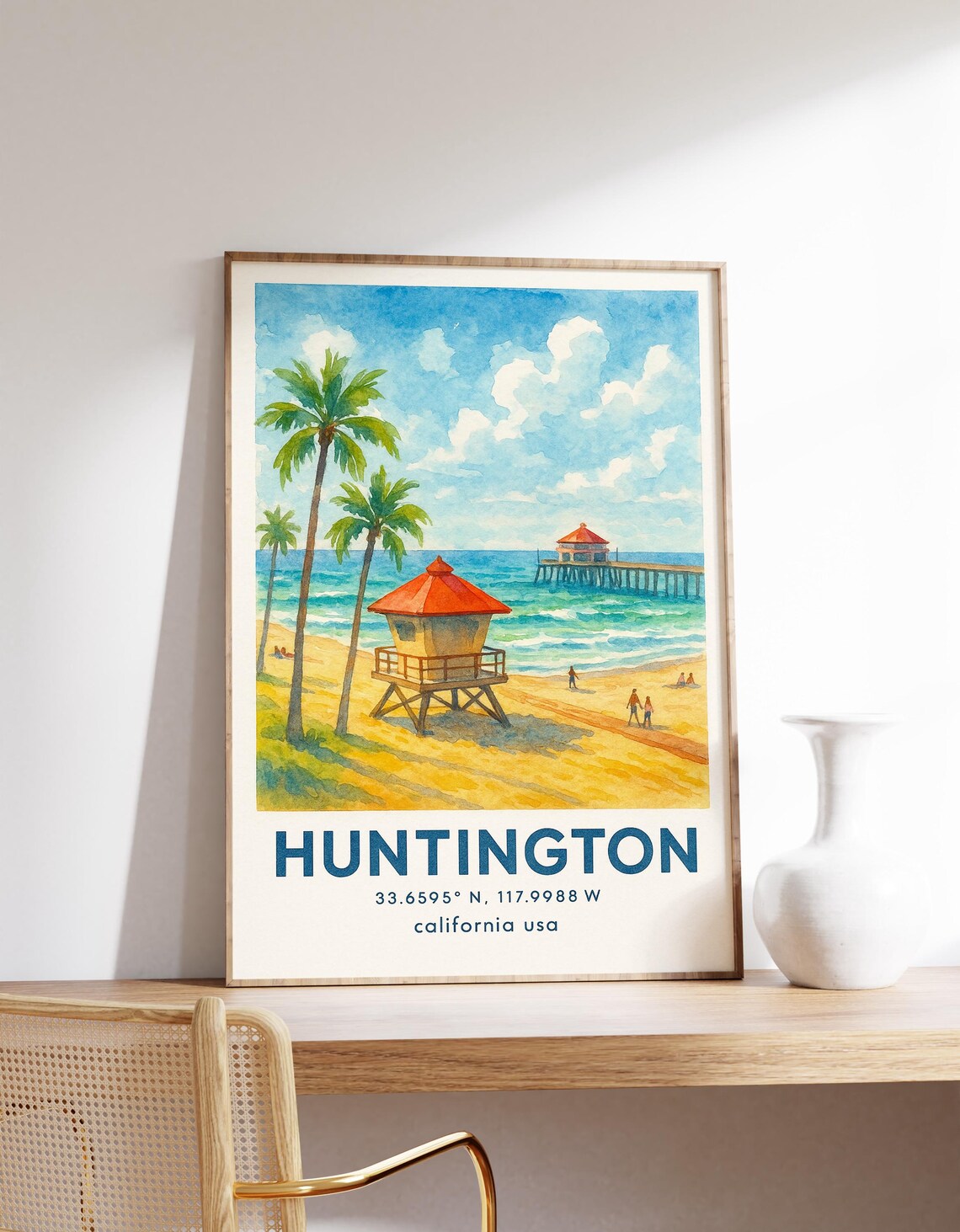 Huntington Beach California Watercolor Poster Lifeguard Tower Pier Decor