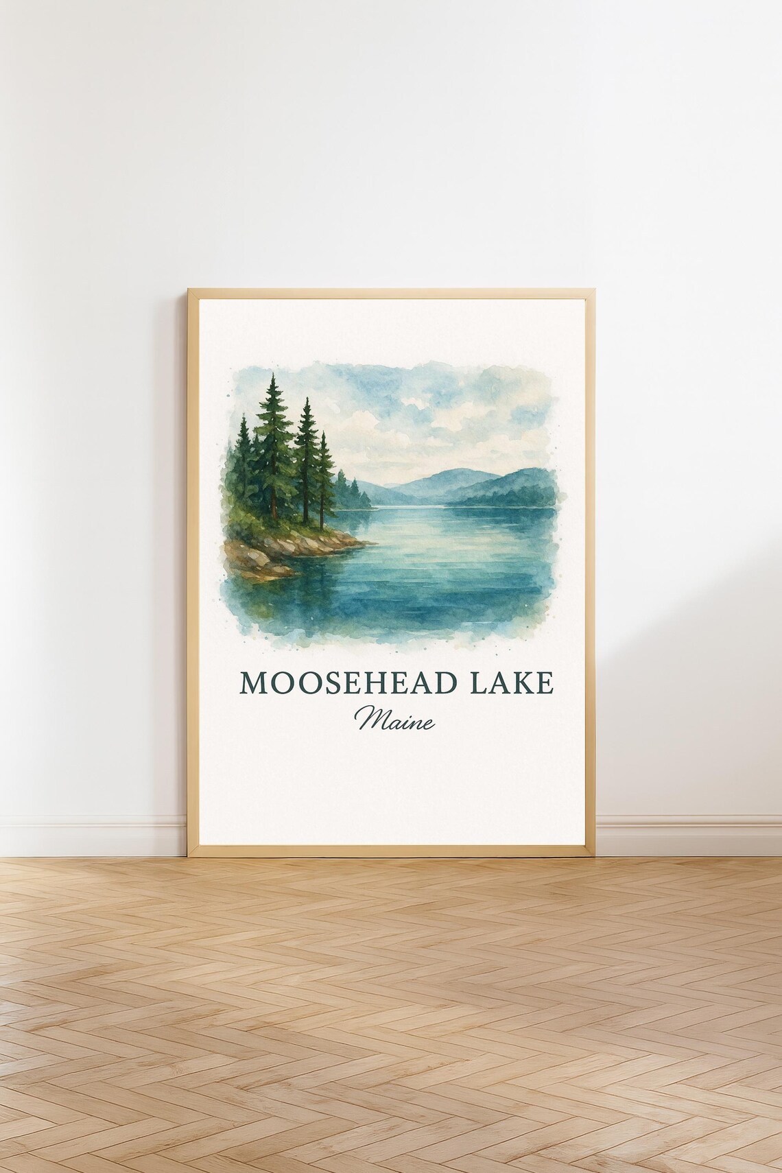 Moosehead Lake Maine Pine Shore Calm Water Watercolor Travel Poster
