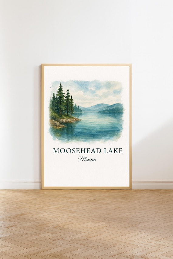 Moosehead Lake Maine Pine Shore Calm Water Watercolor Travel Poster