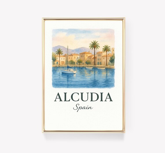 Alcudia Spain Harbor Boats Watercolor Mediterranean Travel Poster