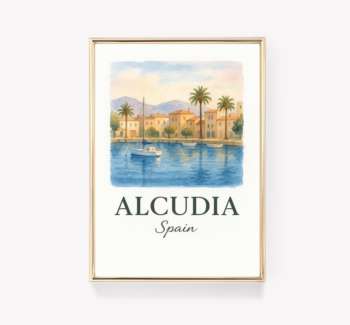 Alcudia Spain Harbor Boats Watercolor Mediterranean Travel Poster