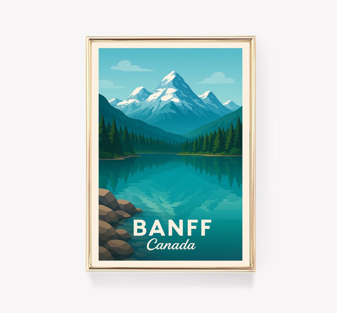 Banff Canada Turquoise Lake Mountain Snowy Peaks Forest Travel Poster
