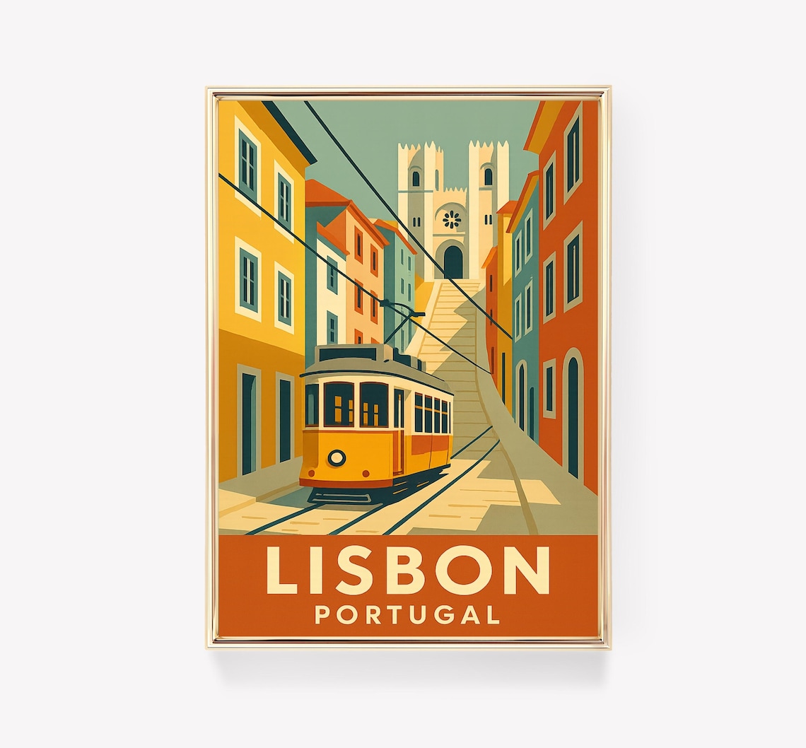 Lisbon Portugal Yellow Tram Cathedral Hill Retro Travel Poster