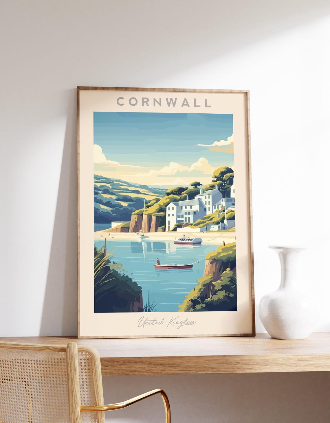 Cornwall England Coastal Harbor Boats Retro Travel Style Poster