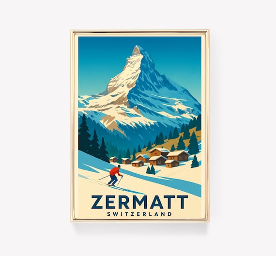Zermatt Switzerland Vintage Travel Poster Matterhorn Skier View