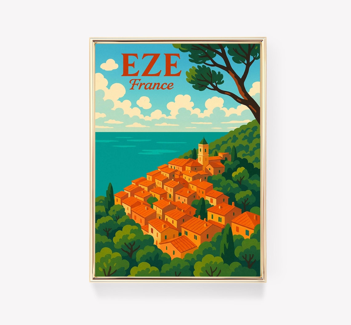 Eze France Riviera Village Vintage Overlook Sea Village Travel Poster