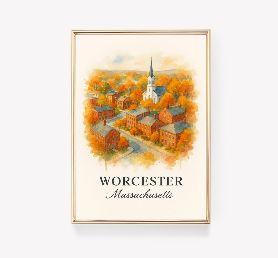 Worcester Massachusetts Autumn Foliage Watercolor Travel Poster