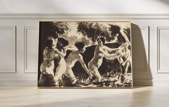 Camille Pissarro Bathers Wrestling 1896 Black and White Vintage Art Poster