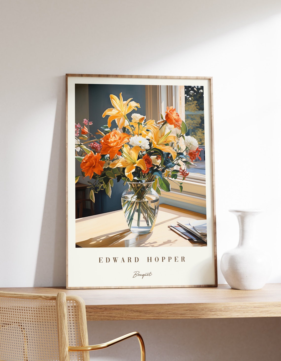 Edward Hopper Style Sunlit Bouquet Lilies and Roses Art Print