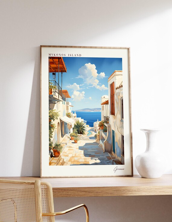 Mykonos Island Greece Whitewashed Alley Sea View Travel Poster