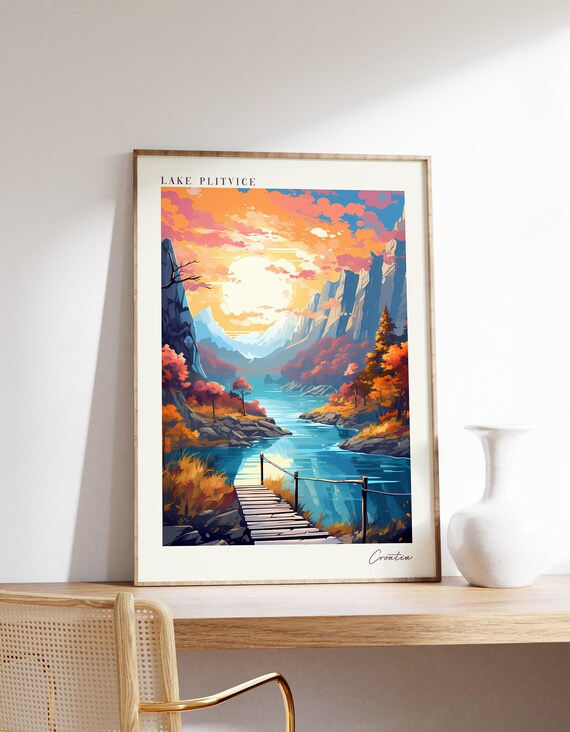 Lake Plitvice Croatia Travel Poster Turquoise Lakes Boardwalk Artwork