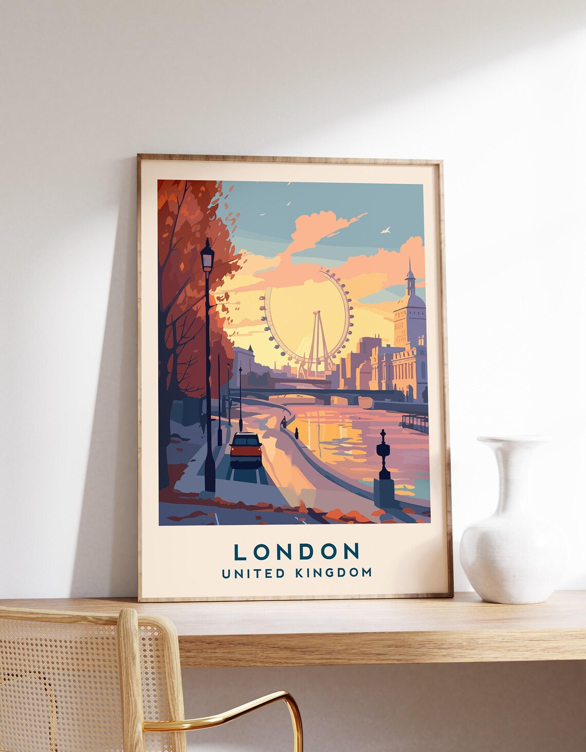 London Eye Sunset Thames Travel Poster United Kingdom City Wall Decor
