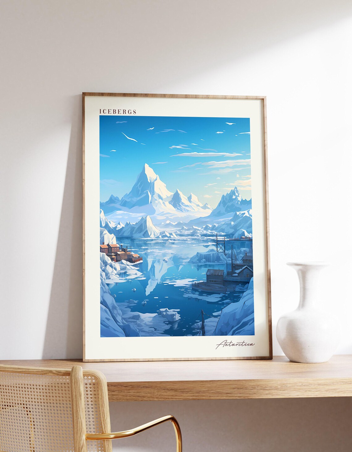 Icebergs Travel Poster, Antarctica Decor