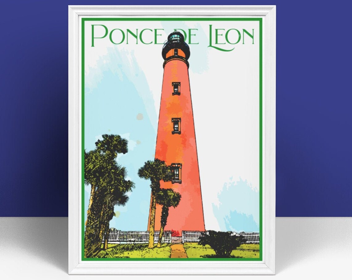 Ponce de Leon Lighthouse Florida Palms Vintage Travel Poster