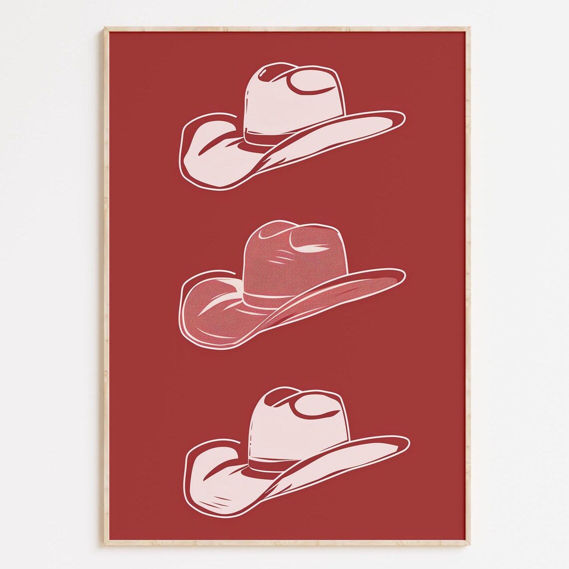 Three Pink Cowboy Hats Red Background Western Line Art Print