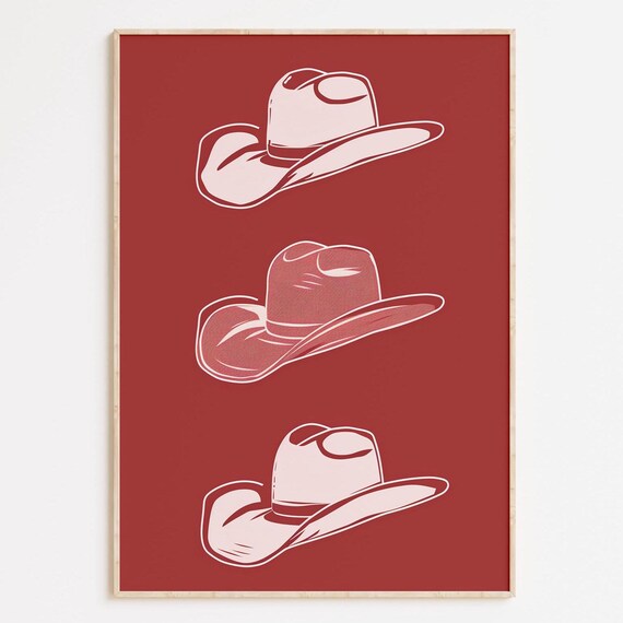 Three Pink Cowboy Hats Red Background Western Line Art Print