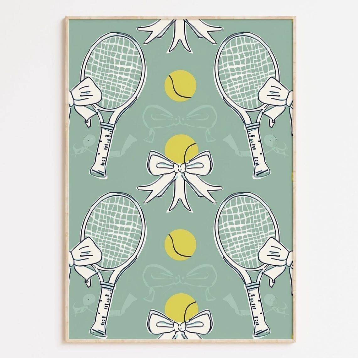 Cute Preppy Tennis Rackets Balls Bows Sage Green Pattern Poster