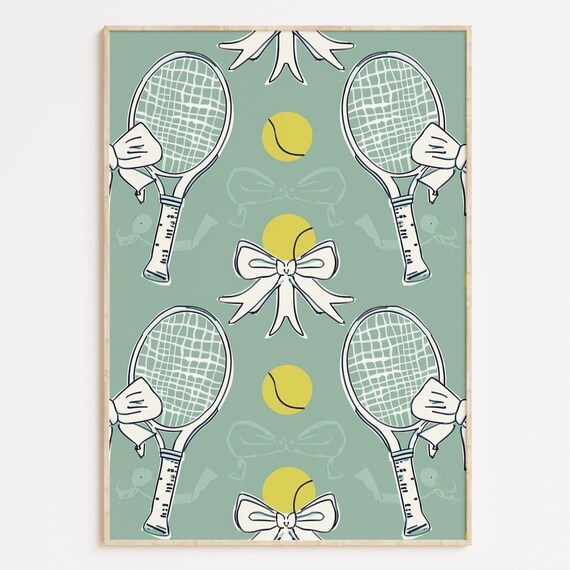 Cute Preppy Tennis Rackets Balls Bows Sage Green Pattern Poster