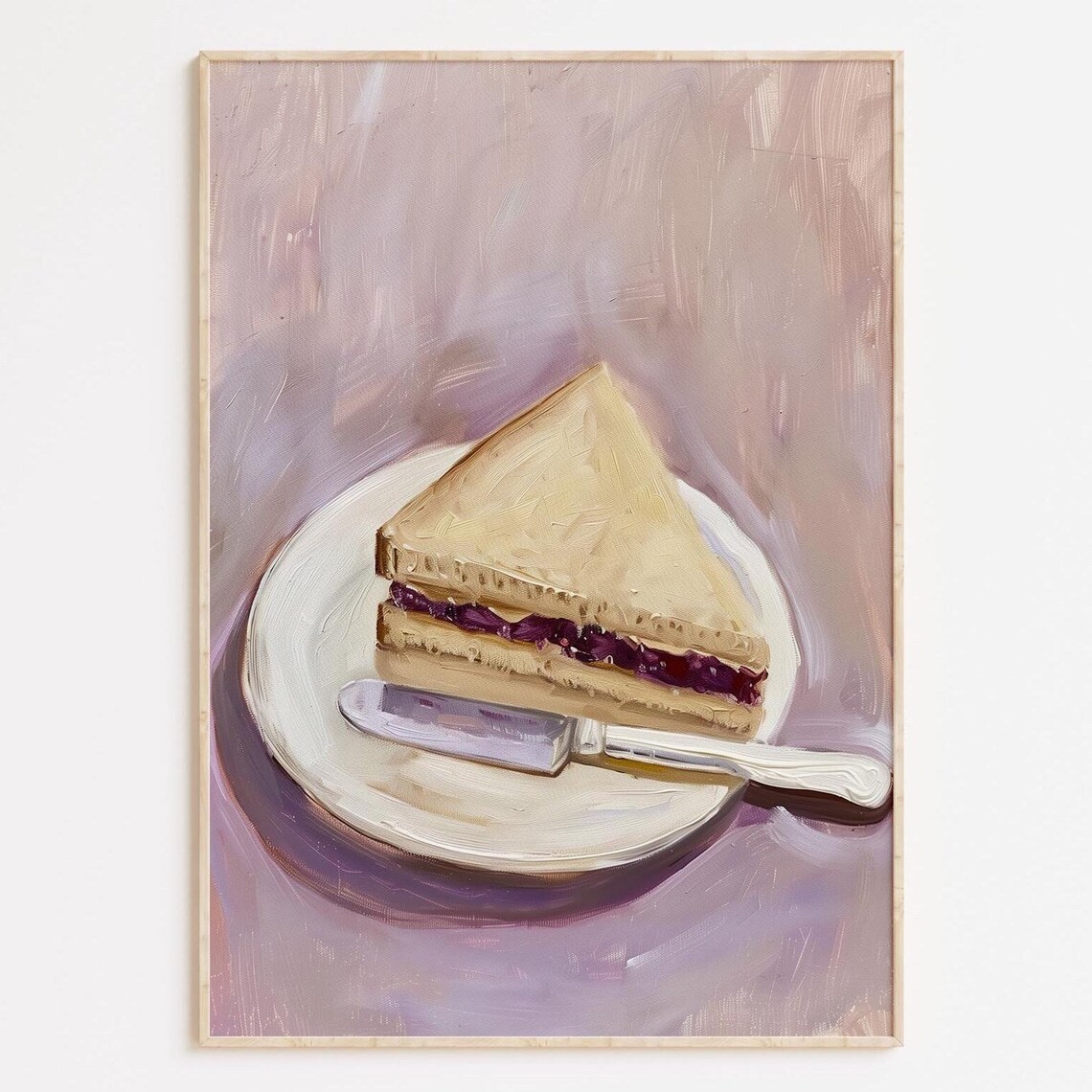 Peanut Butter Jelly Sandwich Oil Painting Lavender Background Wall Art