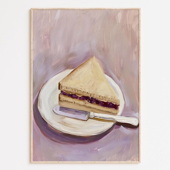 Peanut Butter Jelly Sandwich Oil Painting Lavender Background Wall Art