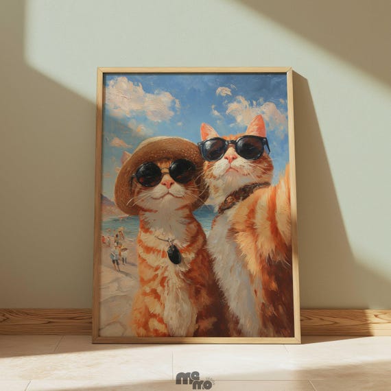 Beach Cat Wall Art Funny Orange Tabby Cats In Sunglasses Print Summer Vacation Pet Painting Home Decor For Lover Gift
