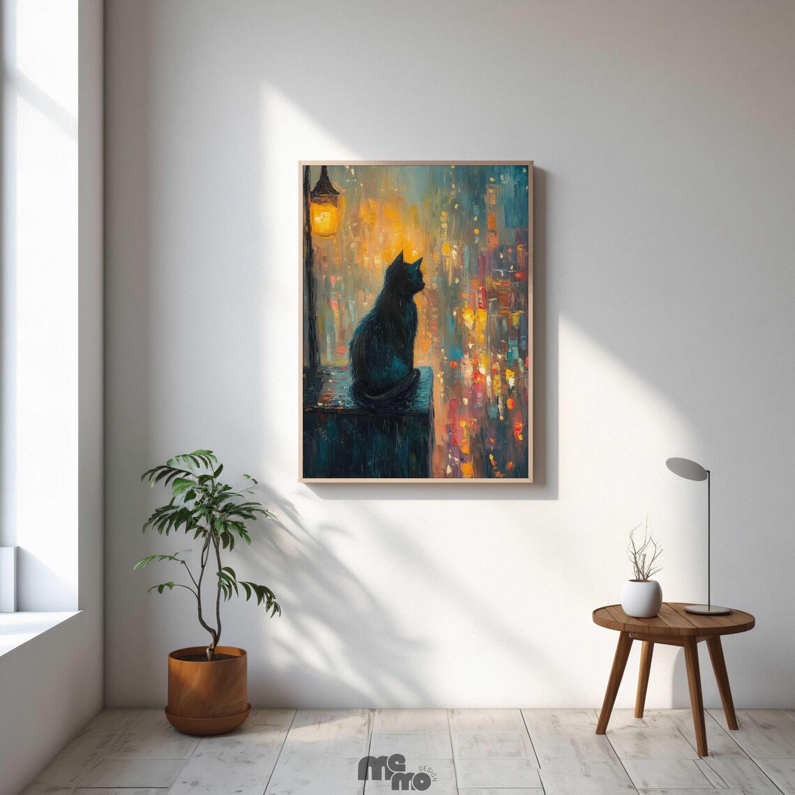 Black Cat Night City, Moody Street Lamp Art Print - Image 6