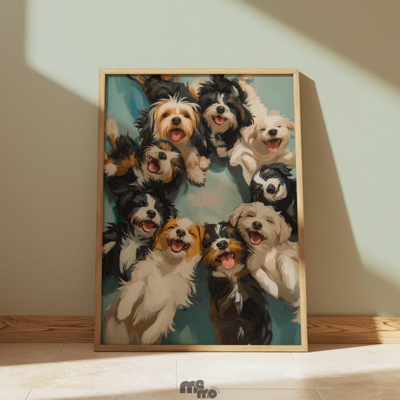 Group Of Happy Puppies Wall Art Poster Playful Pet Oil Painting Matte Paper Print Funny Dogs Portrait For Dog Moms Home Room Decor Gift