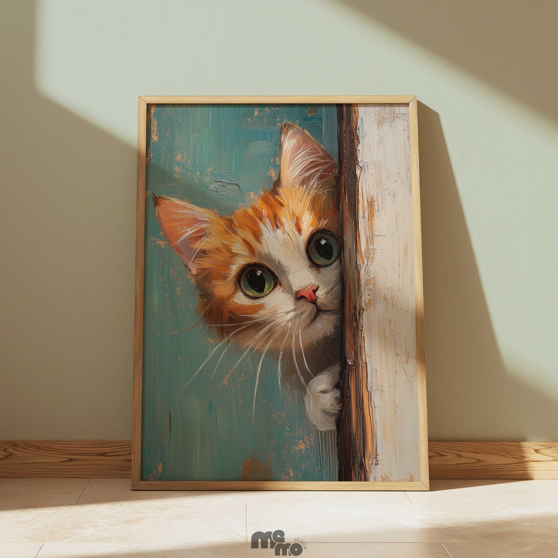 Curious Cat Peeking Oil Painting Art Print