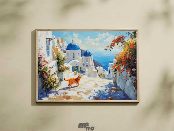 Santorini Greece Orange Tabby Cat Blue Dome Street Oil Poster