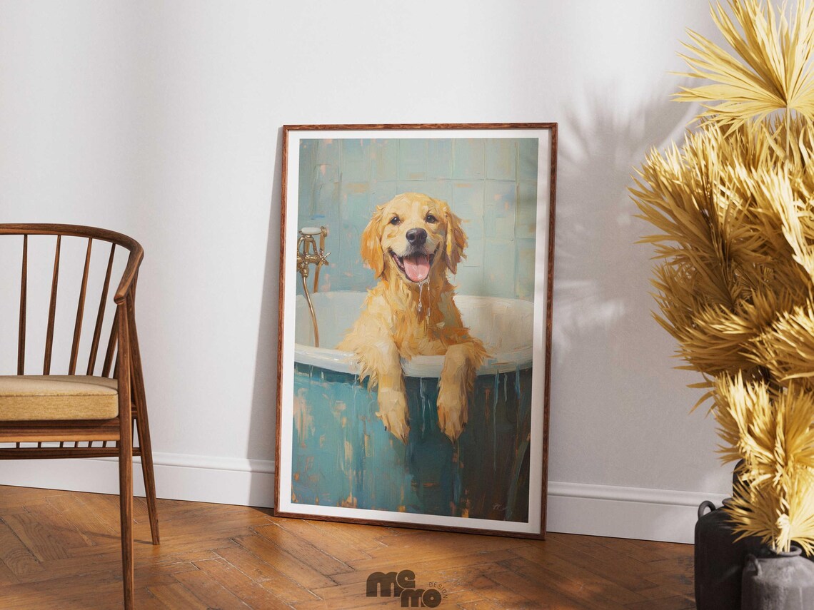 Golden Retriever Dog Bath Art Print, Funny Portrait - Image 4
