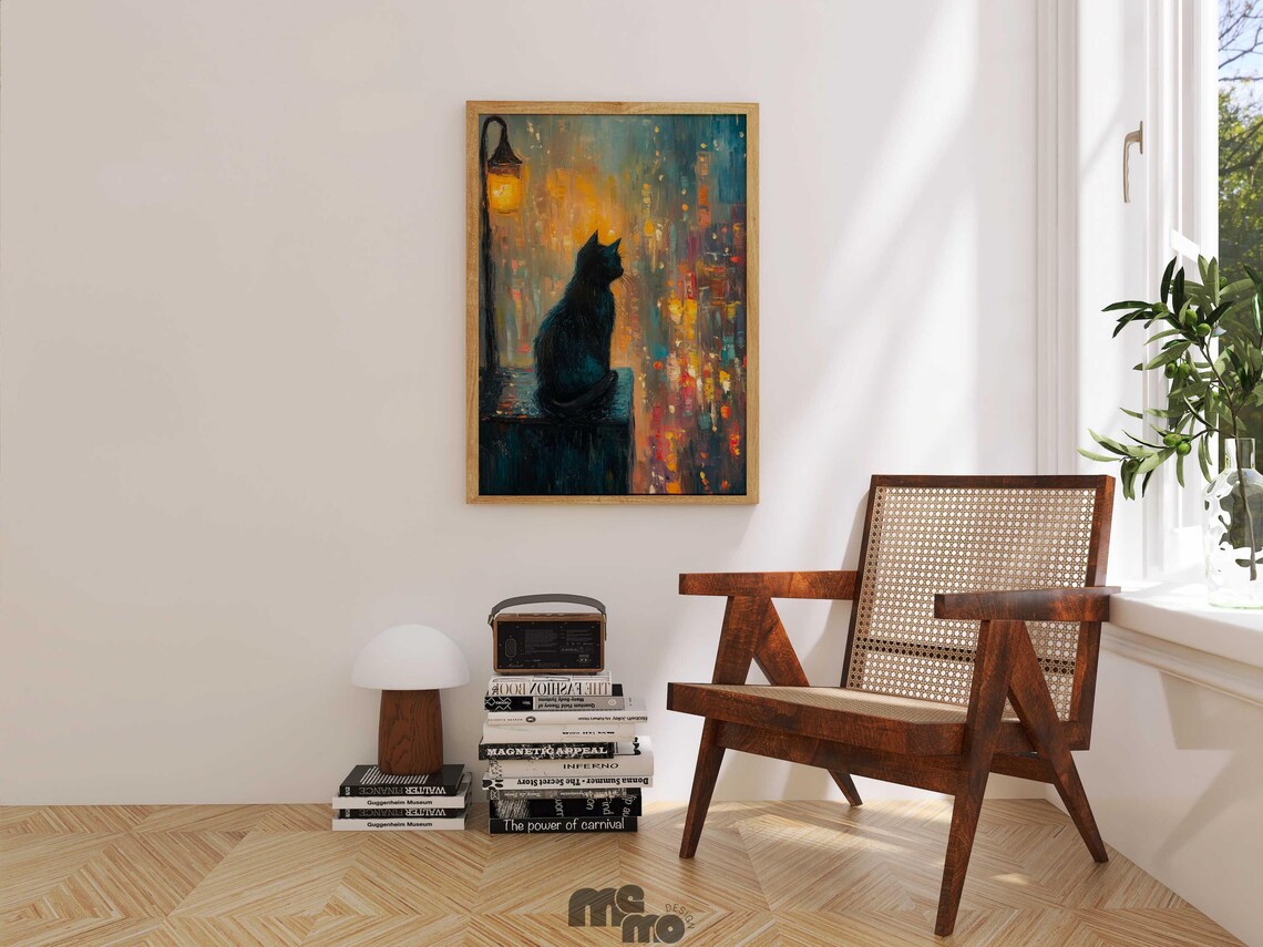 Black Cat Night City, Moody Street Lamp Art Print - Image 3