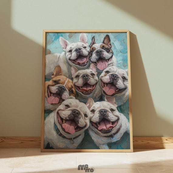 Happy Bulldogs Wall Art Print Funny Group Pet Portrait Painting Playful Bulldog Puppy Oil Style Decor Gift For Dog Lover Home