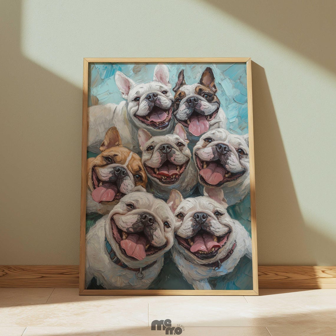 Happy Bulldogs Wall Art Print Funny Group Pet Portrait Painting Playful Bulldog Puppy Oil Style Decor Gift For Dog Lover Home