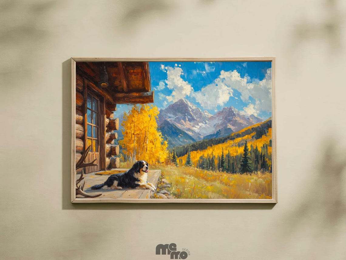 Bernese Mountain Dog Log Cabin Oil Painting Poster Fall Aspens Scene