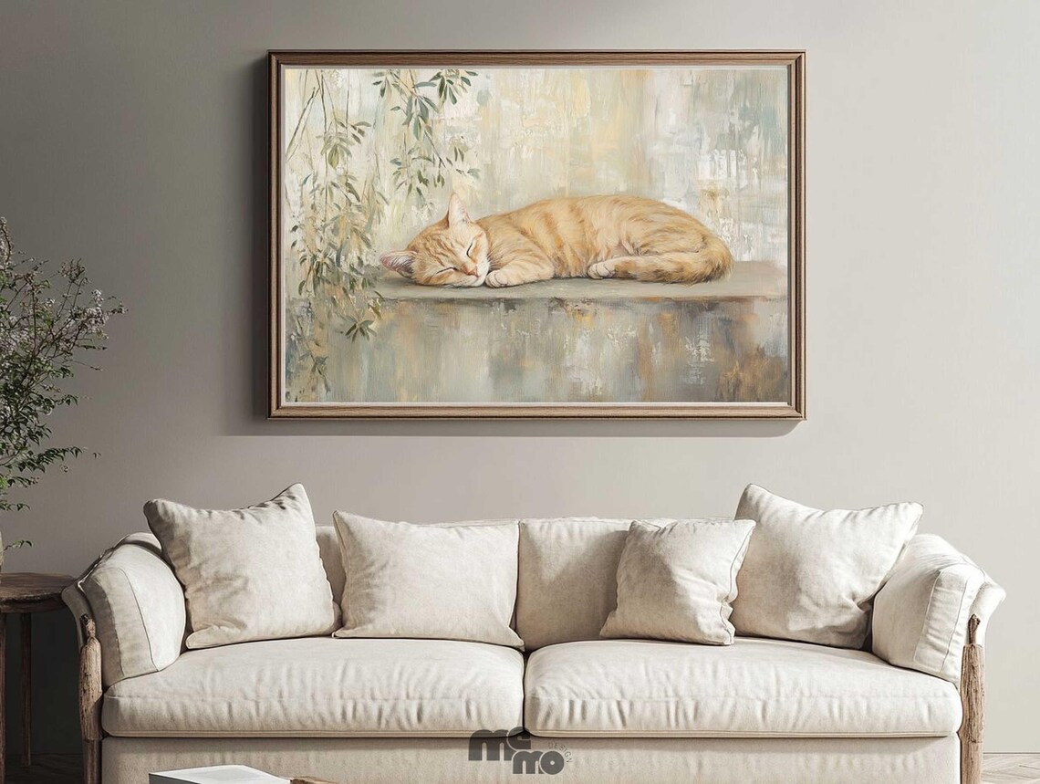 Sleeping Orange Tabby Cat, Minimalist Rustic Art Print - Image 5