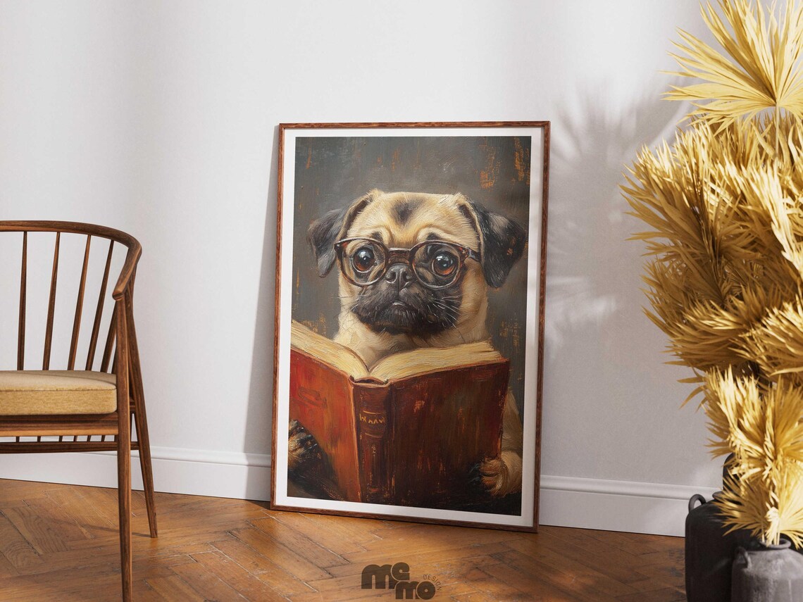 Pug Reading Book, Funny Pet Library Decor - Image 3