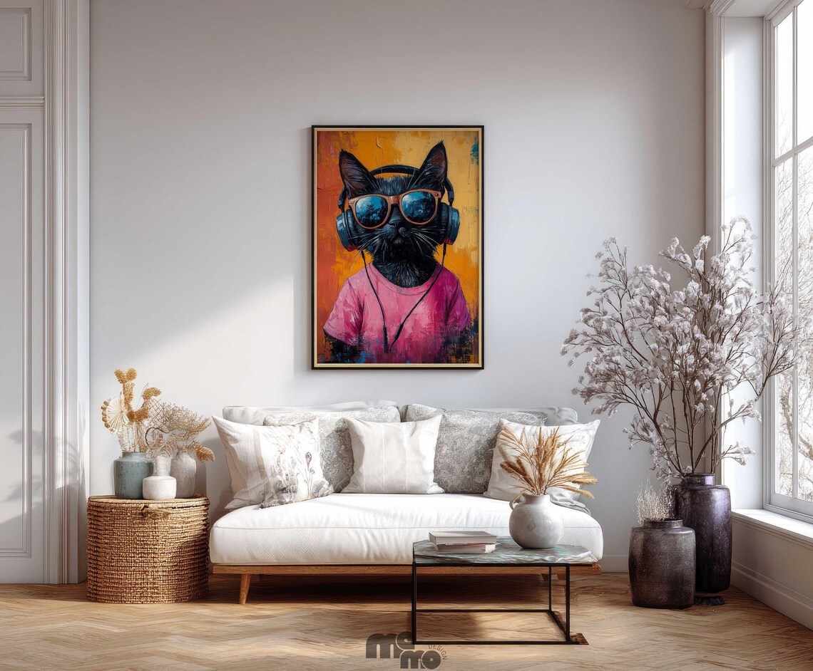 Dj Black Cat, Funny Retro Oil Painting Art Print - Image 3
