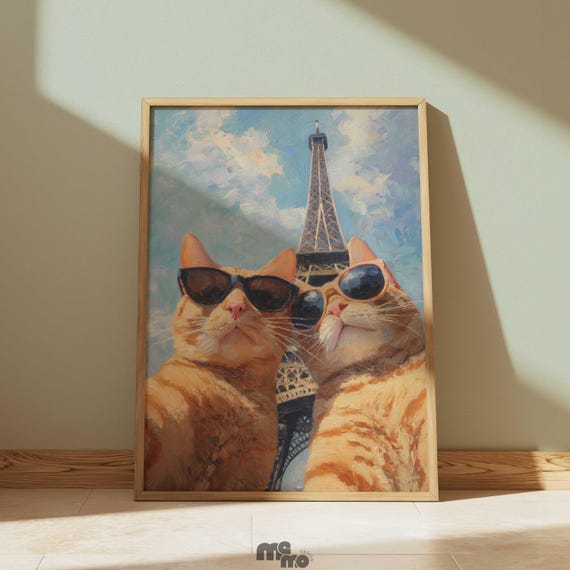 Funny Eiffel Tower Cat Wall Art Orange Tabby Selfie In Paris Painting Cute Pet Poster Gift For Lovers