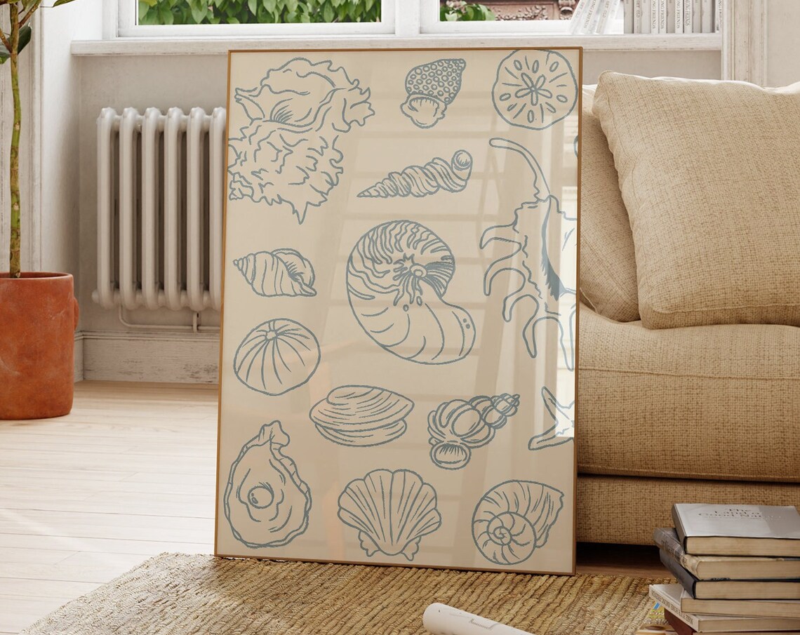 Blue Line Art Seashell Collection Cream Nautical Coastal Poster