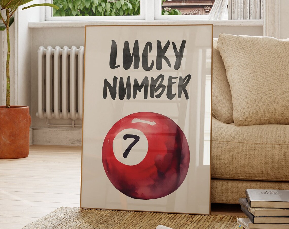 Lucky Number Seven Red Billiard Ball Watercolor Retro Wall Art Poster